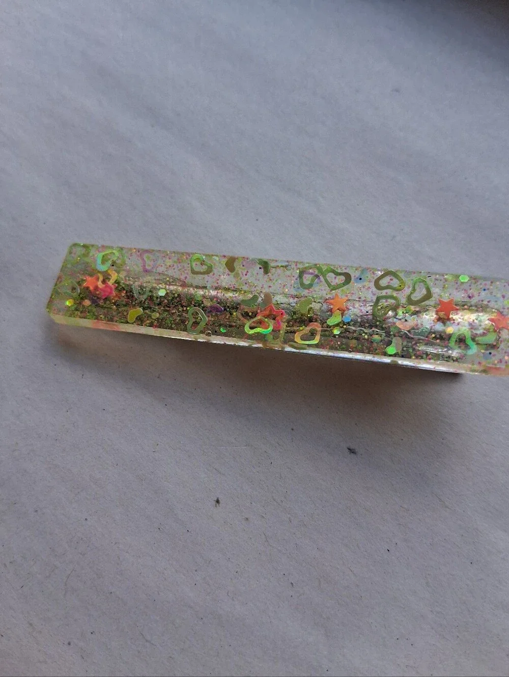 5/$25 Hand Crafted Clear Resin Barrette with Neon Green Hearts & Pink Stars